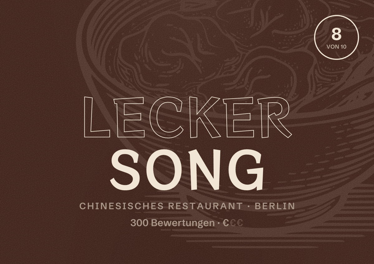 Illustriertes Poster von Lecker Song, Chinesisches Restaurant in Berlin: Bewertung 8,0 von 10 aus 300 Bewertungen, Preisniveau €