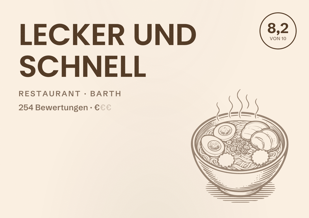 Illustriertes Poster von LECKER UND SCHNELL, Restaurant in Barth: Bewertung 8,2 von 10 aus 254 Bewertungen, Preisniveau €