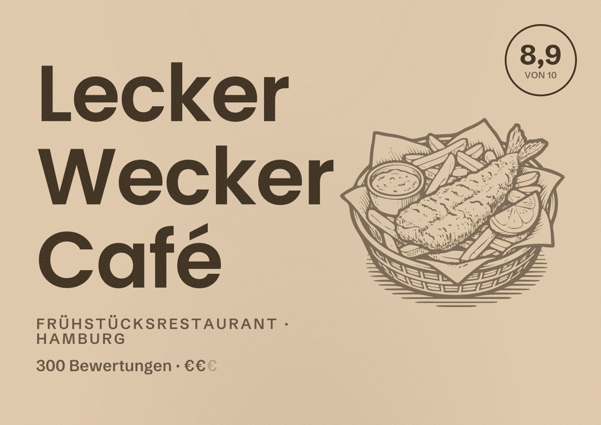 Illustriertes Poster von Lecker Wecker Café, Frühstücksrestaurant in Hamburg: Bewertung 8,9 von 10 aus 300 Bewertungen, Preisniveau €€