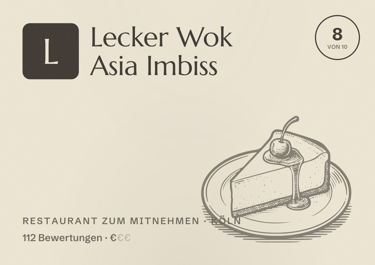 Illustriertes Poster von Lecker Wok Asia Imbiss, Restaurant zum Mitnehmen in Köln: Bewertung 8 von 10 aus 112 Bewertungen, Preisniveau €