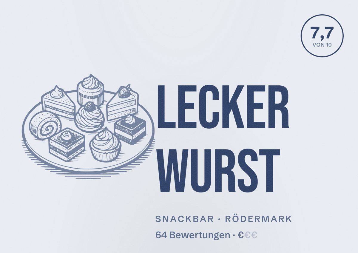 Illustriertes Poster von LECKER WURST, Snackbar in Rödermark: Bewertung 7,7 von 10 aus 64 Bewertungen, Preisniveau €