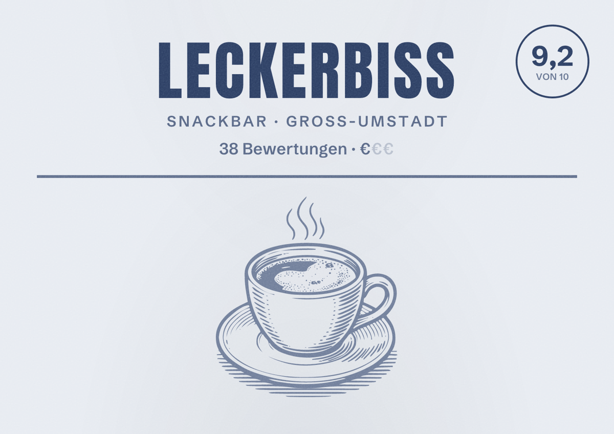 Illustriertes Poster von LeckerBiss, Snackbar in Groß-Umstadt: Bewertung 9,2 von 10 aus 38 Bewertungen, Preisniveau €
