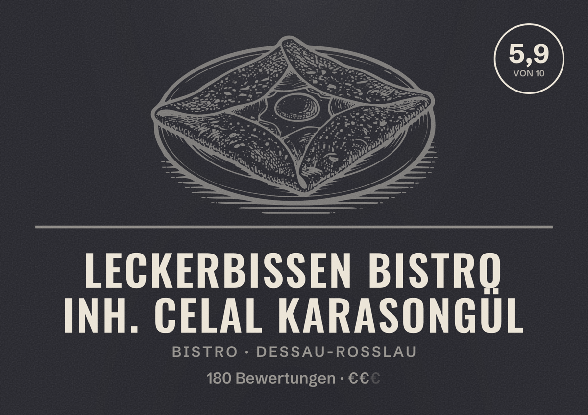 Illustriertes Poster von Leckerbissen Bistro Inh. Celal Karasongül, Bistro in Dessau-Roßlau: Bewertung 5,9 von 10 aus 180 Bewertungen, Preisniveau €€