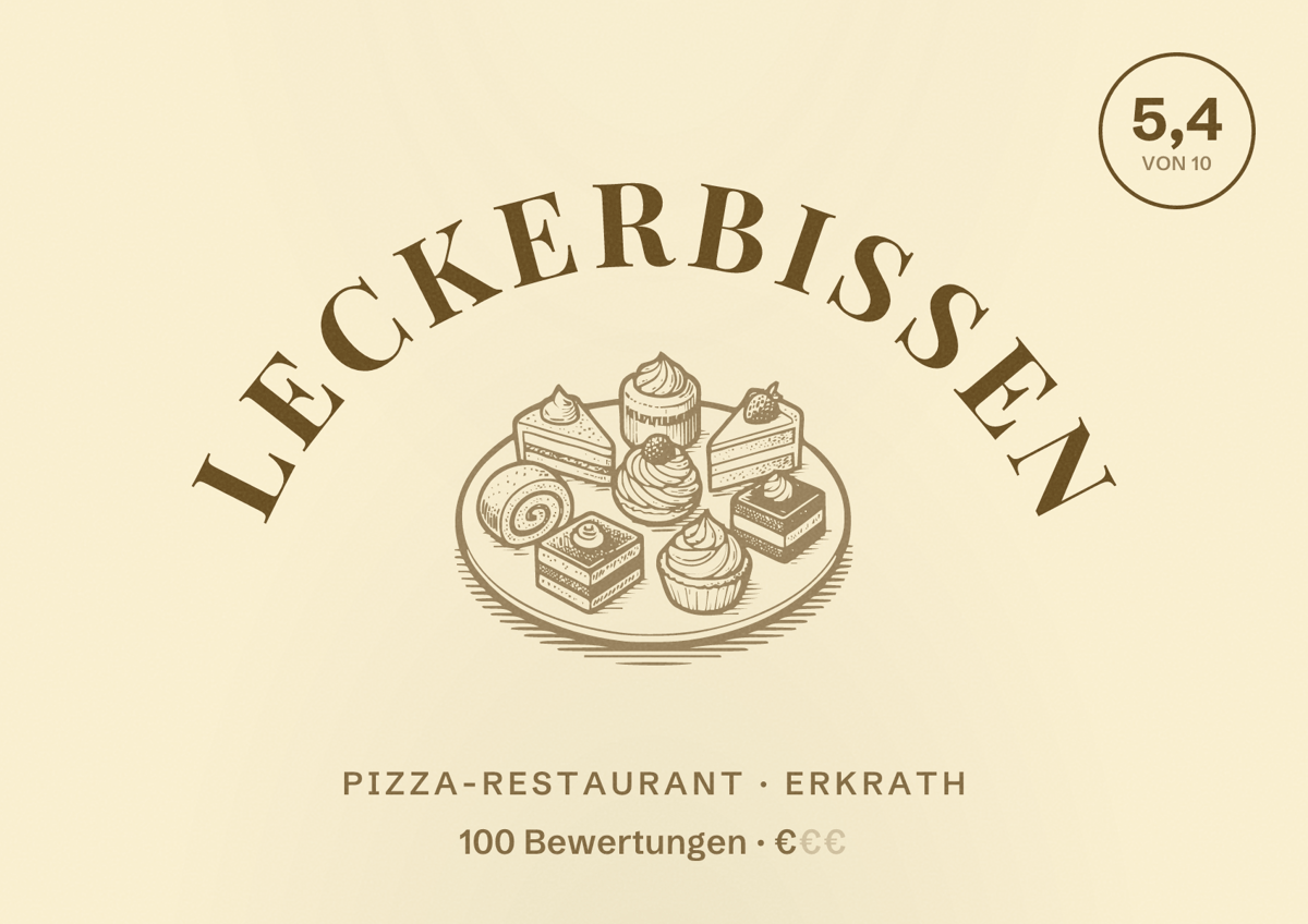 Illustriertes Poster von Leckerbissen, Pizza-Restaurant in Erkrath: Bewertung 5,4 von 10 aus 100 Bewertungen, Preisniveau €