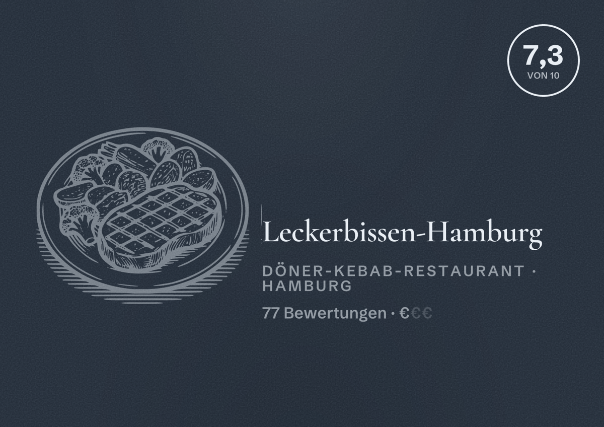 Illustriertes Poster von Leckerbissen-Hamburg, Döner-Kebab-Restaurant in Hamburg: Bewertung 7,3 von 10 aus 77 Bewertungen, Preisniveau €
