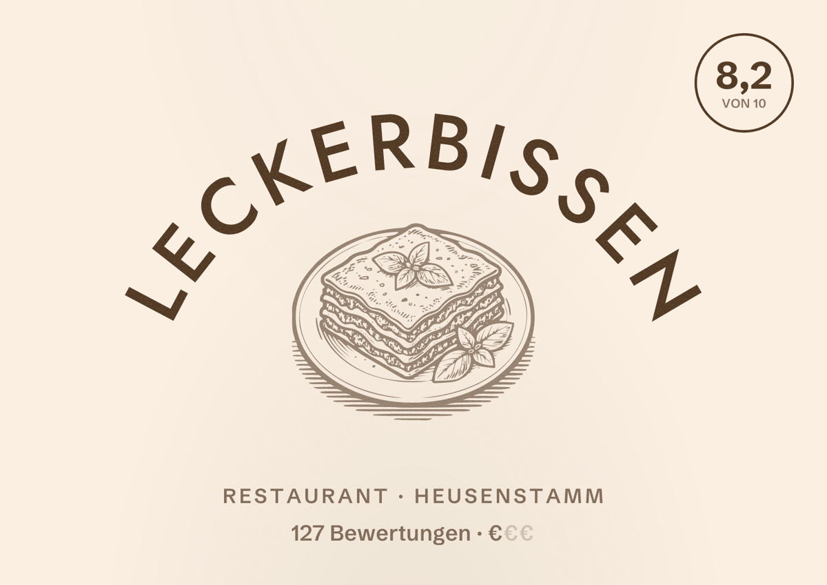 Illustriertes Poster von Leckerbissen, Restaurant in Heusenstamm: Bewertung 8,2 von 10 aus 127 Bewertungen, Preisniveau €