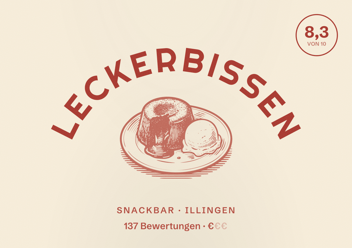 Illustriertes Poster von Leckerbissen, Snackbar in Illingen: Bewertung 8,3 von 10 aus 137 Bewertungen, Preisniveau €