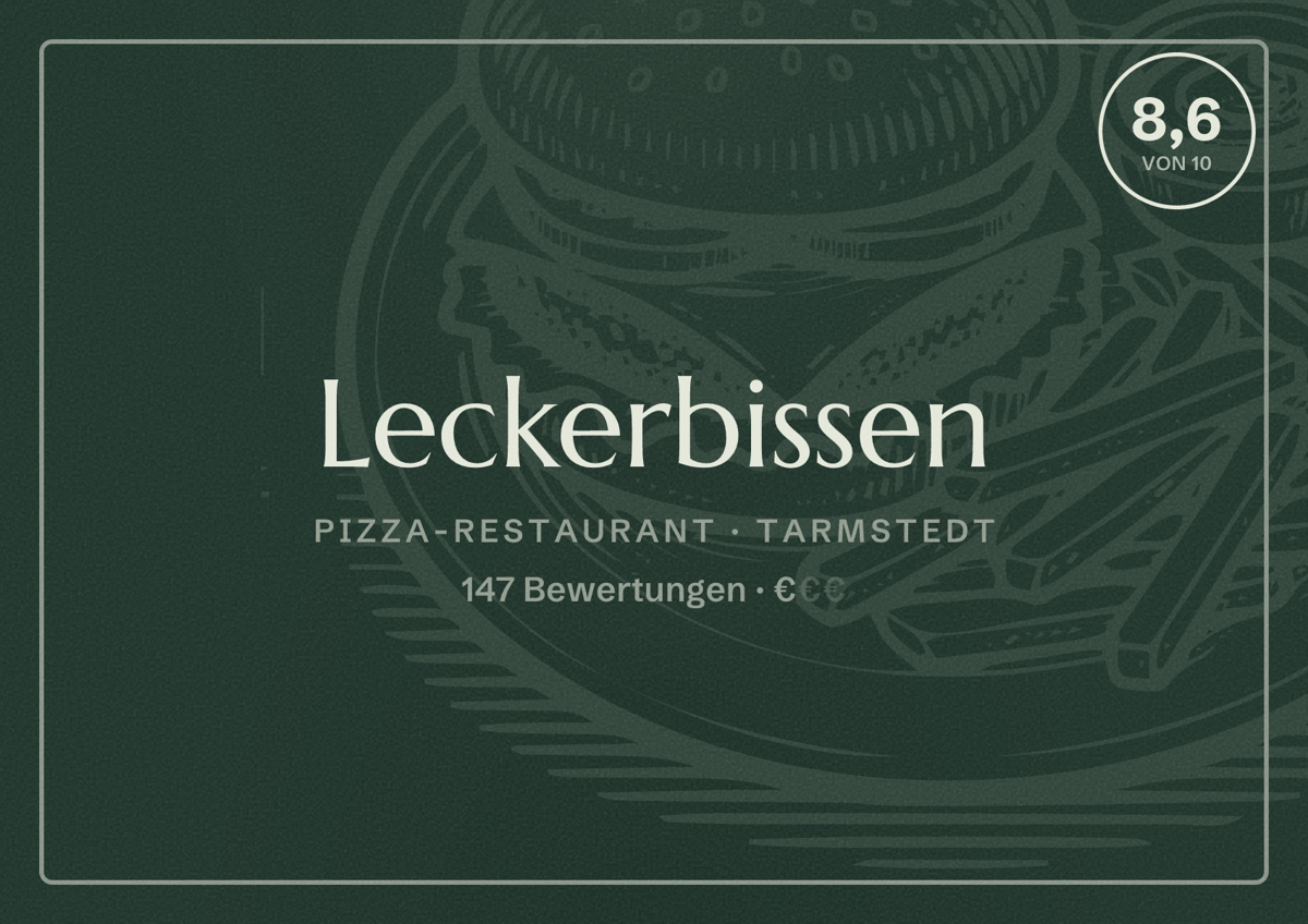 Illustriertes Poster von Leckerbissen, Pizza-Restaurant in Tarmstedt: Bewertung 8,6 von 10 aus 147 Bewertungen, Preisniveau €