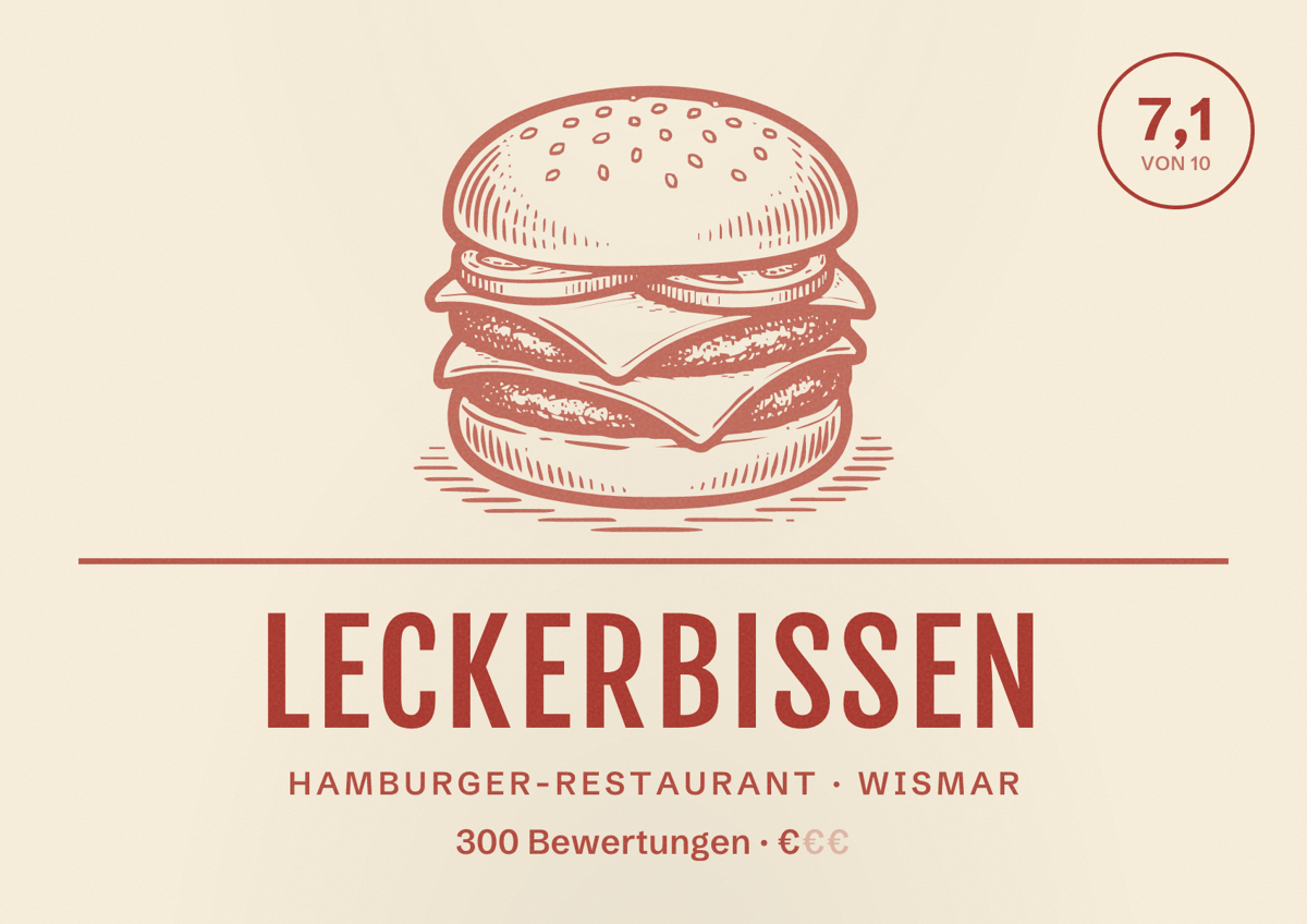 Illustriertes Poster von Leckerbissen, Hamburger-Restaurant in Wismar: Bewertung 7,1 von 10 aus 300 Bewertungen, Preisniveau €