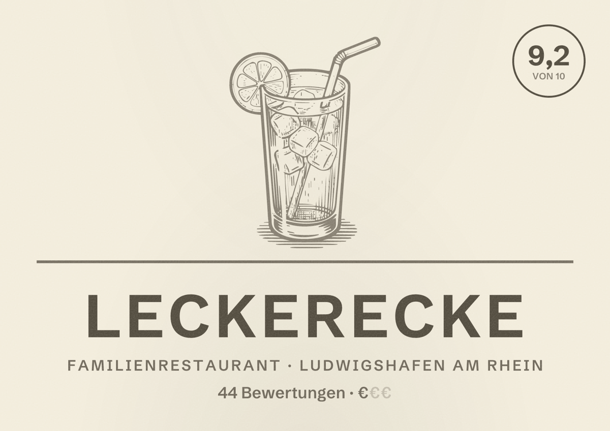 Illustriertes Poster von Leckerecke, Familienrestaurant in Ludwigshafen am Rhein: Bewertung 9,2 von 10 aus 44 Bewertungen, Preisniveau €