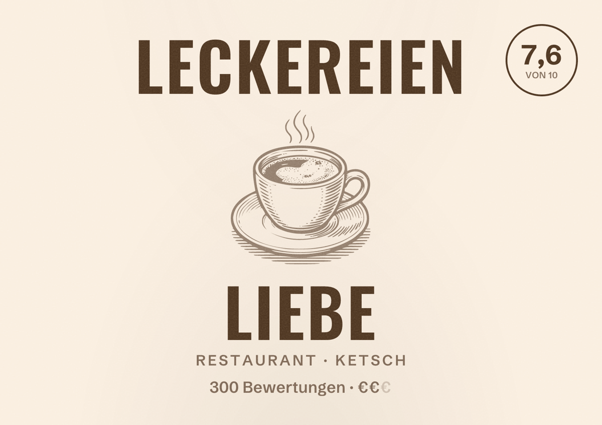 Illustriertes Poster von Leckereien Liebe, Restaurant in Ketsch: Bewertung 7,6 von 10 aus 300 Bewertungen, Preisniveau €€