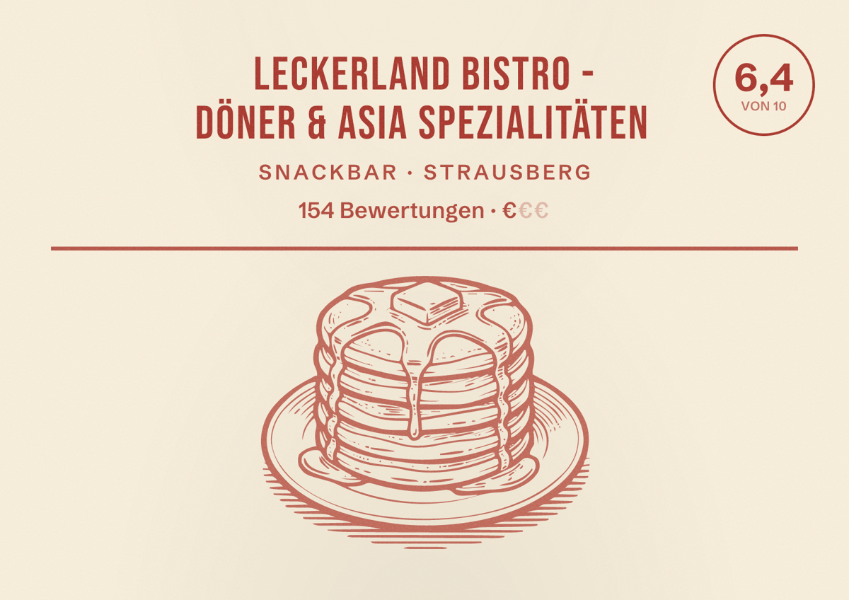 Illustriertes Poster von Leckerland Bistro - Döner & Asia Spezialitäten, Snackbar in Strausberg: Bewertung 6,4 von 10 aus 154 Bewertungen, Preisniveau €