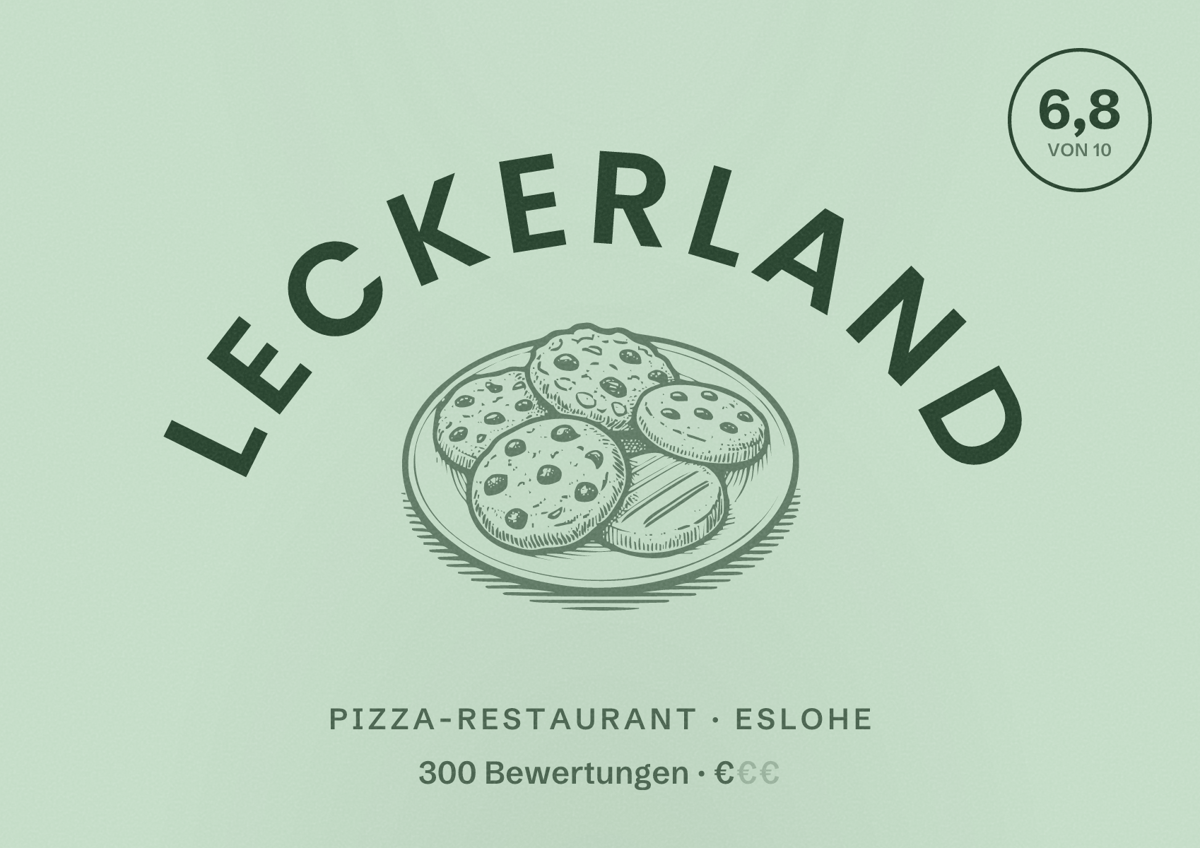 Illustriertes Poster von Leckerland, Pizza-Restaurant in Eslohe: Bewertung 6,8 von 10 aus 300 Bewertungen, Preisniveau €