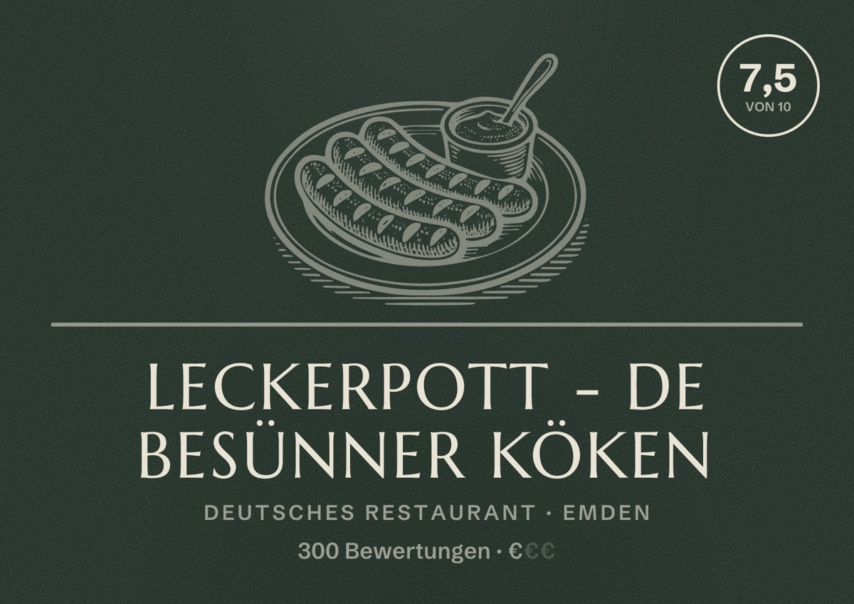 Illustriertes Poster von Leckerpott - De Besünner Köken, Deutsches Restaurant in Emden: Bewertung 7,5 von 10 aus 300 Bewertungen, Preisniveau €