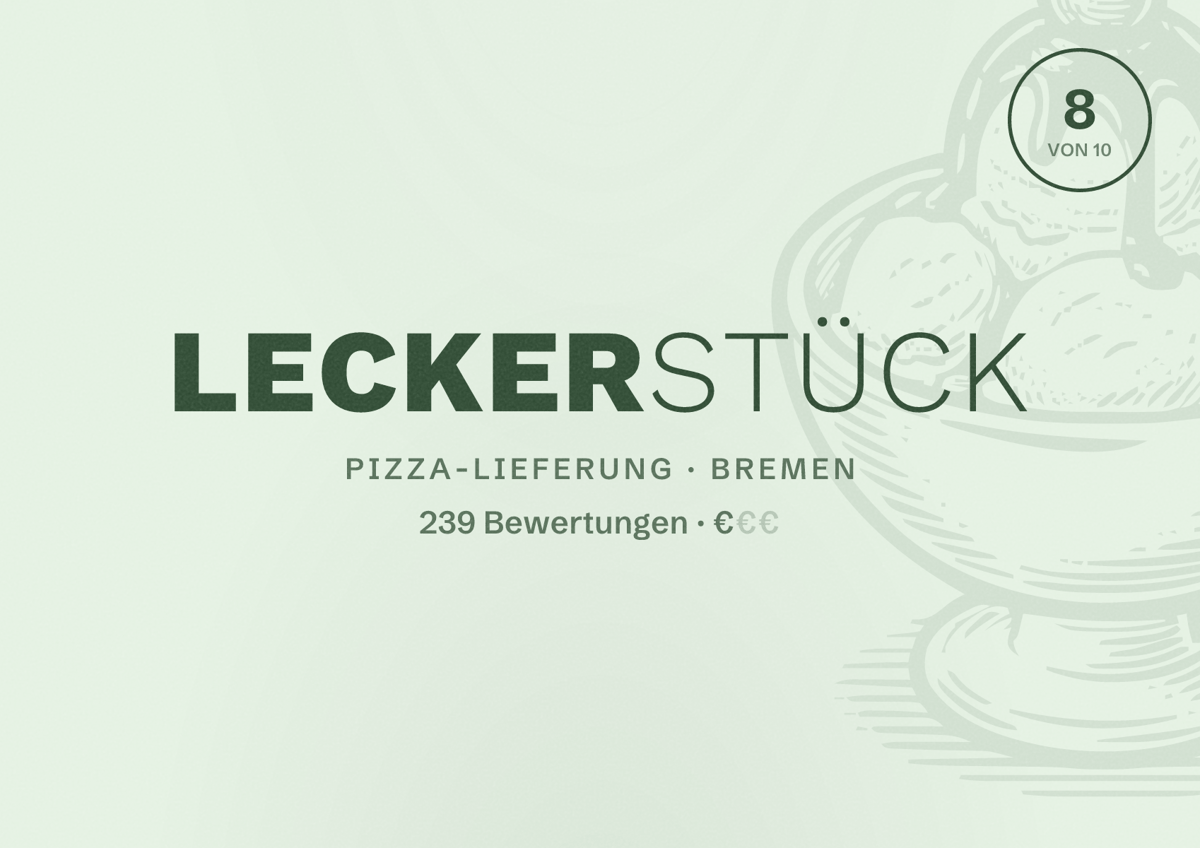 Illustriertes Poster von Leckerstück, Pizza-Lieferung in Bremen: Bewertung 8 von 10 aus 239 Bewertungen, Preisniveau €