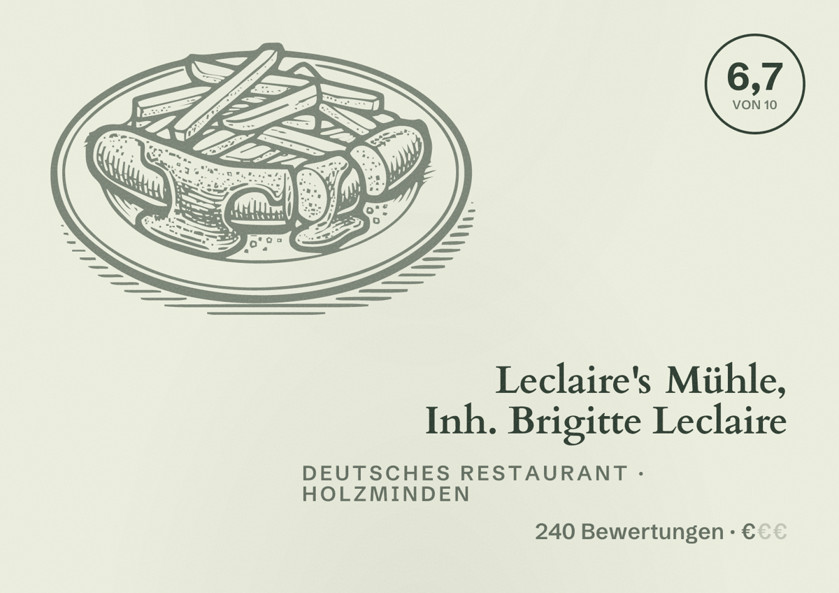 Illustriertes Poster von Leclaire's Mühle, Inh. Brigitte Leclaire, Deutsches Restaurant in Holzminden: Bewertung 6,7 von 10 aus 240 Bewertungen, Preisniveau €