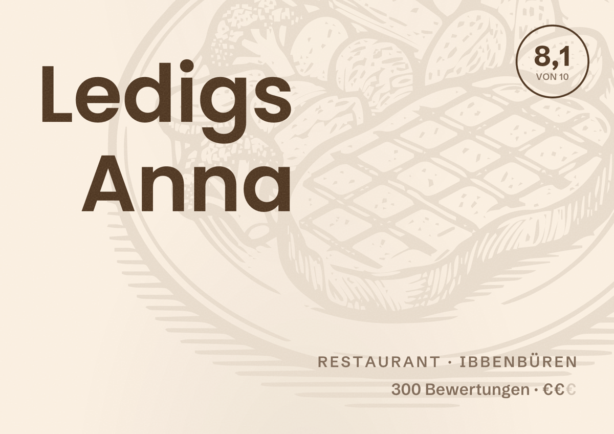 Illustriertes Poster von Ledigs Anna, Restaurant in Ibbenbüren: Bewertung 8,1 von 10 aus 300 Bewertungen, Preisniveau €€