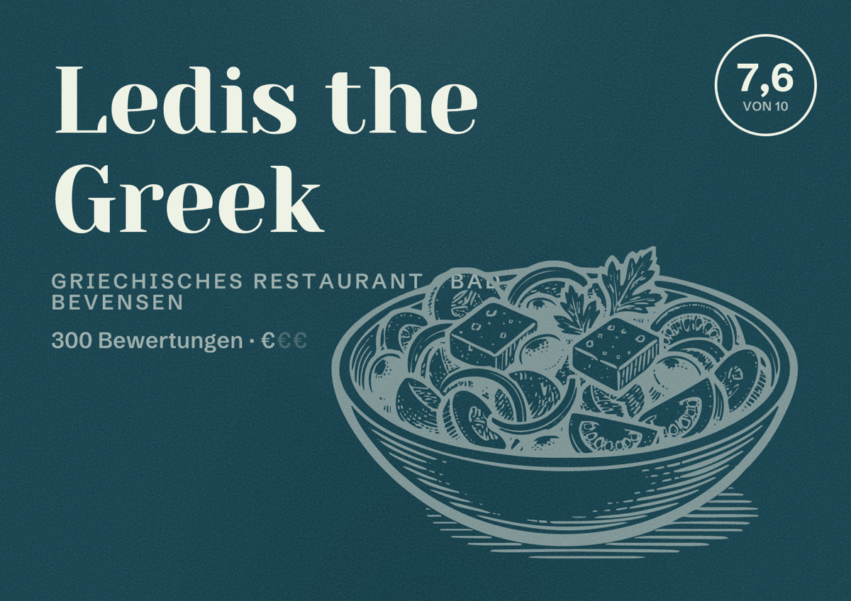Illustriertes Poster von Ledis the Greek, Griechisches Restaurant in Bad Bevensen: Bewertung 7,6 von 10 aus 300 Bewertungen, Preisniveau €