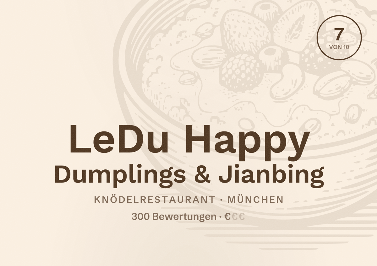 Illustriertes Poster von LeDu Happy Dumplings & Jianbing, Knödelrestaurant in München: Bewertung 7,0 von 10 aus 300 Bewertungen, Preisniveau €