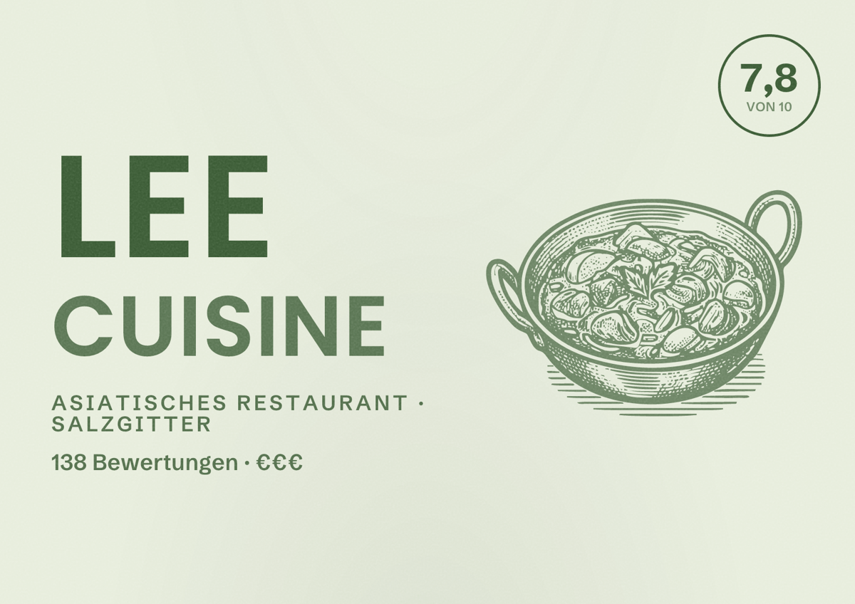 Illustriertes Poster von Lee Cuisine, Asiatisches Restaurant in Salzgitter: Bewertung 7,8 von 10 aus 138 Bewertungen, Preisniveau €€€