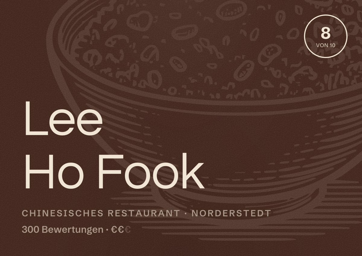 Illustriertes Poster von Lee Ho Fook, Chinesisches Restaurant in Norderstedt: Bewertung 8 von 10 aus 300 Bewertungen, Preisniveau €€