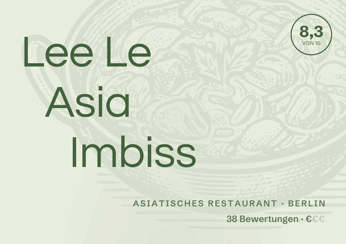 Illustriertes Poster von Lee Le Asia Imbiss, Asiatisches Restaurant in Berlin: Bewertung 8,3 von 10 aus 38 Bewertungen, Preisniveau €