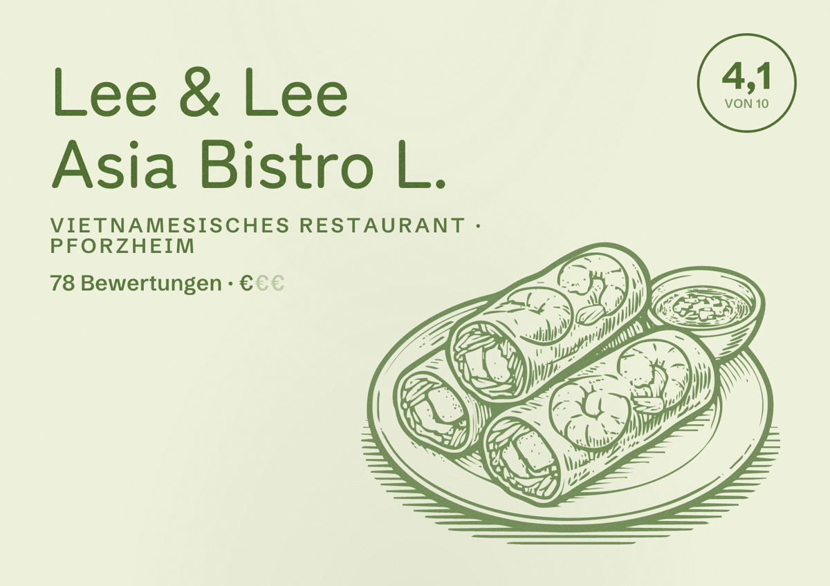 Illustriertes Poster von Lee & Lee Asia Bistro L., Vietnamesisches Restaurant in Pforzheim: Bewertung 4,1 von 10 aus 78 Bewertungen, Preisniveau €