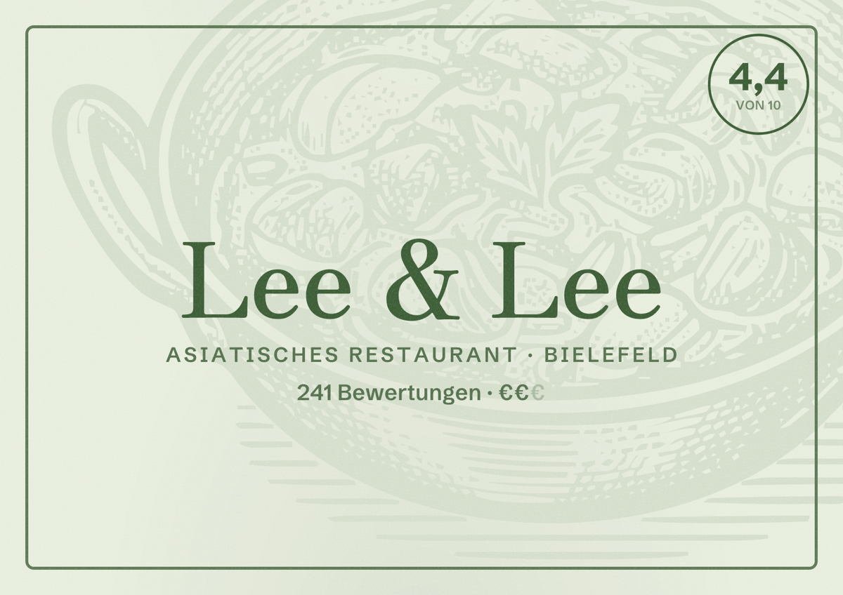 Illustriertes Poster von Lee & Lee, Asiatisches Restaurant in Bielefeld: Bewertung 4,4 von 10 aus 241 Bewertungen, Preisniveau €€