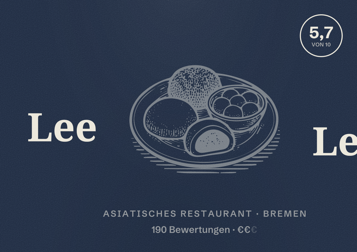 Illustriertes Poster von Lee Lee, Asiatisches Restaurant in Bremen: Bewertung 5,7 von 10 aus 190 Bewertungen, Preisniveau €€