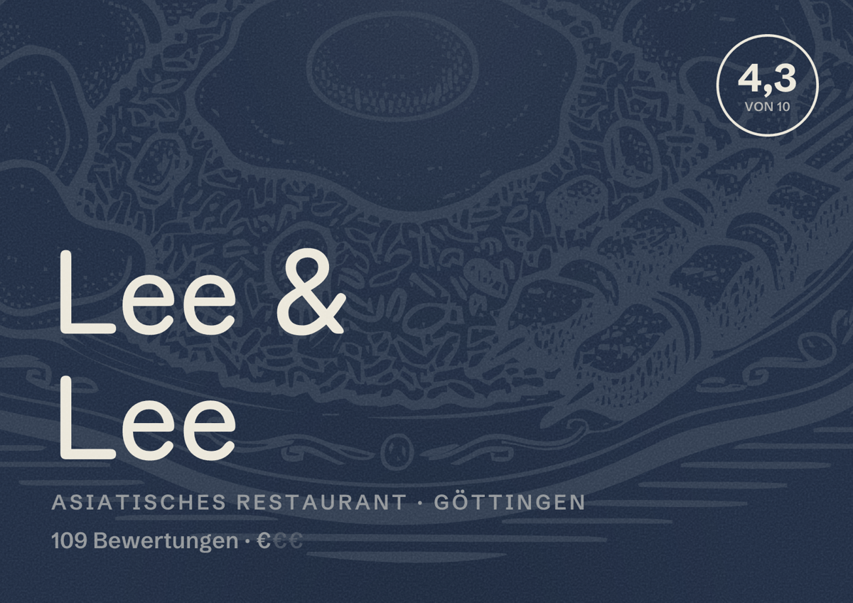 Illustriertes Poster von Lee & Lee, Asiatisches Restaurant in Göttingen: Bewertung 4,3 von 10 aus 109 Bewertungen, Preisniveau €