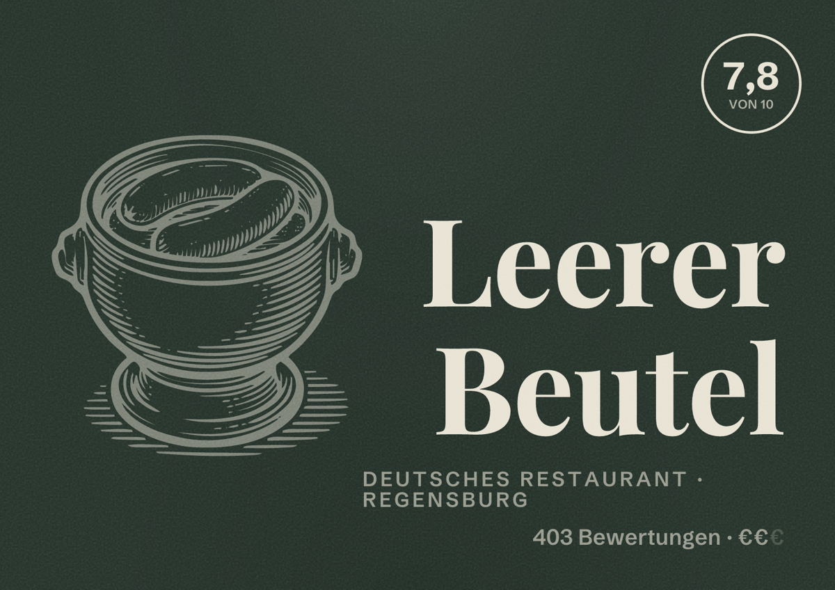 Illustriertes Poster von Leerer Beutel, Deutsches Restaurant in Regensburg: Bewertung 7,8 von 10 aus 403 Bewertungen, Preisniveau €€