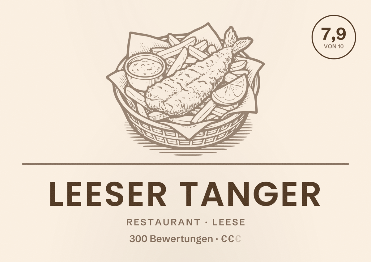 Illustriertes Poster von Leeser Tanger, Restaurant in Leese: Bewertung 7,9 von 10 aus 300 Bewertungen, Preisniveau €€