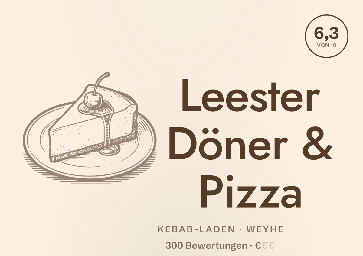 Illustriertes Poster von Leester Döner & Pizza, Kebab-Laden in Weyhe: Bewertung 6,3 von 10 aus 300 Bewertungen, Preisniveau €