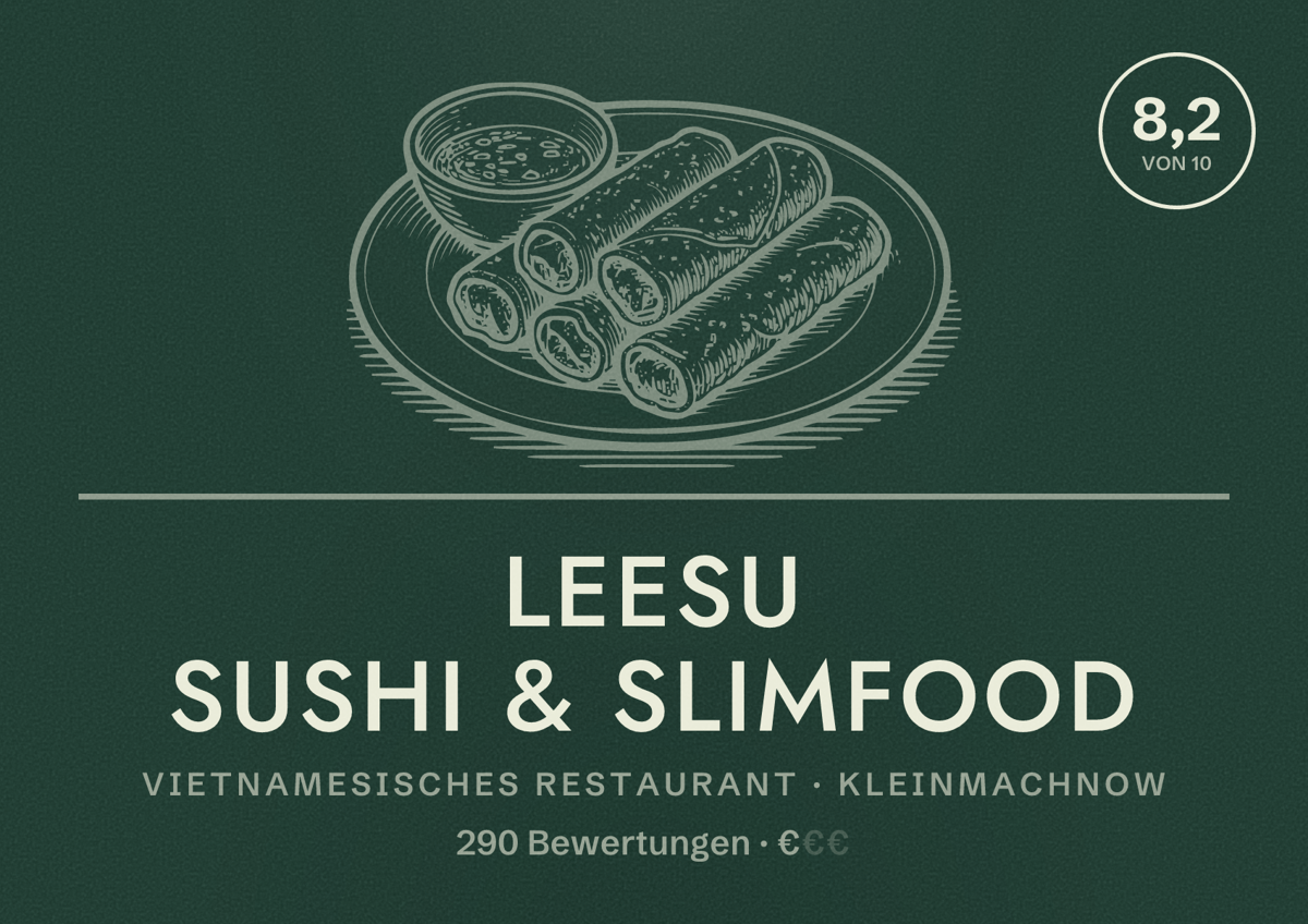 Illustriertes Poster von LeeSu Sushi & Slimfood, Vietnamesisches Restaurant in Kleinmachnow: Bewertung 8,2 von 10 aus 290 Bewertungen, Preisniveau €