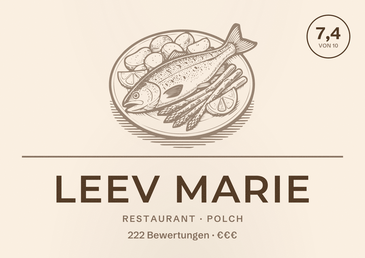 Illustriertes Poster von Leev Marie, Restaurant in Polch: Bewertung 7,4 von 10 aus 222 Bewertungen, Preisniveau €€€