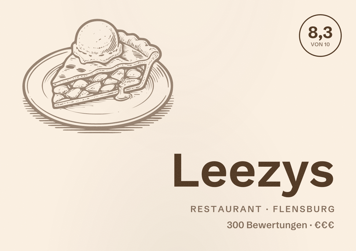 Illustriertes Poster von Leezys, Restaurant in Flensburg: Bewertung 8,3 von 10 aus 300 Bewertungen, Preisniveau €€€