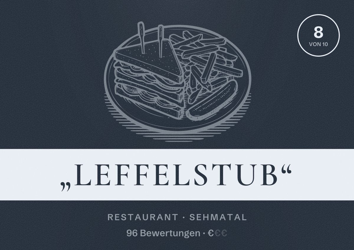 Illustriertes Poster von „Leffelstub“, Restaurant in Sehmatal: Bewertung 8 von 10 aus 96 Bewertungen, Preisniveau €