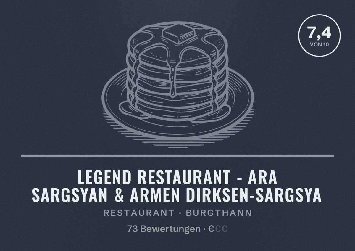 Illustriertes Poster von Legend Restaurant - Ara Sargsyan & Armen Dirksen-Sargsya, Restaurant in Burgthann: Bewertung 7,4 von 10 aus 73 Bewertungen, Preisniveau €