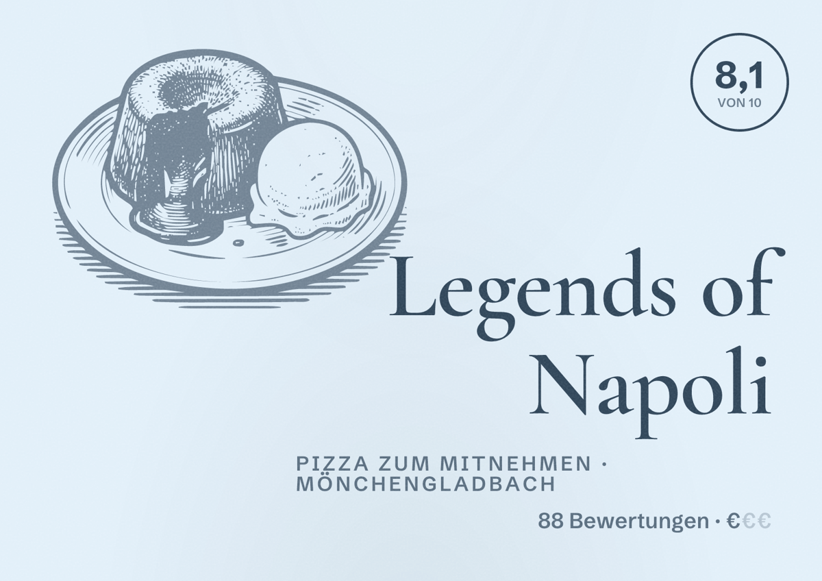 Illustriertes Poster von Legends of Napoli, Pizza zum Mitnehmen in Mönchengladbach: Bewertung 8,1 von 10 aus 88 Bewertungen, Preisniveau €
