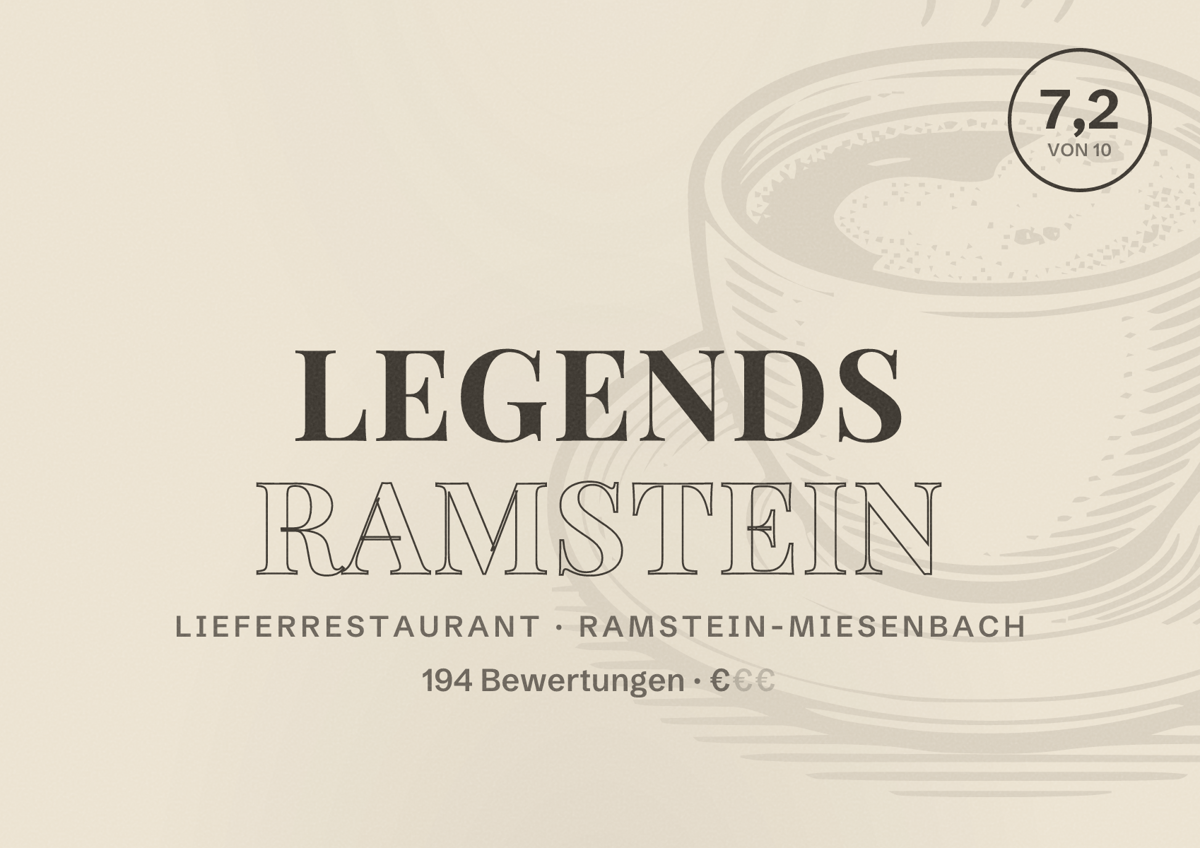 Illustriertes Poster von Legends Ramstein, Lieferrestaurant in Ramstein-Miesenbach: Bewertung 7,2 von 10 aus 194 Bewertungen, Preisniveau €