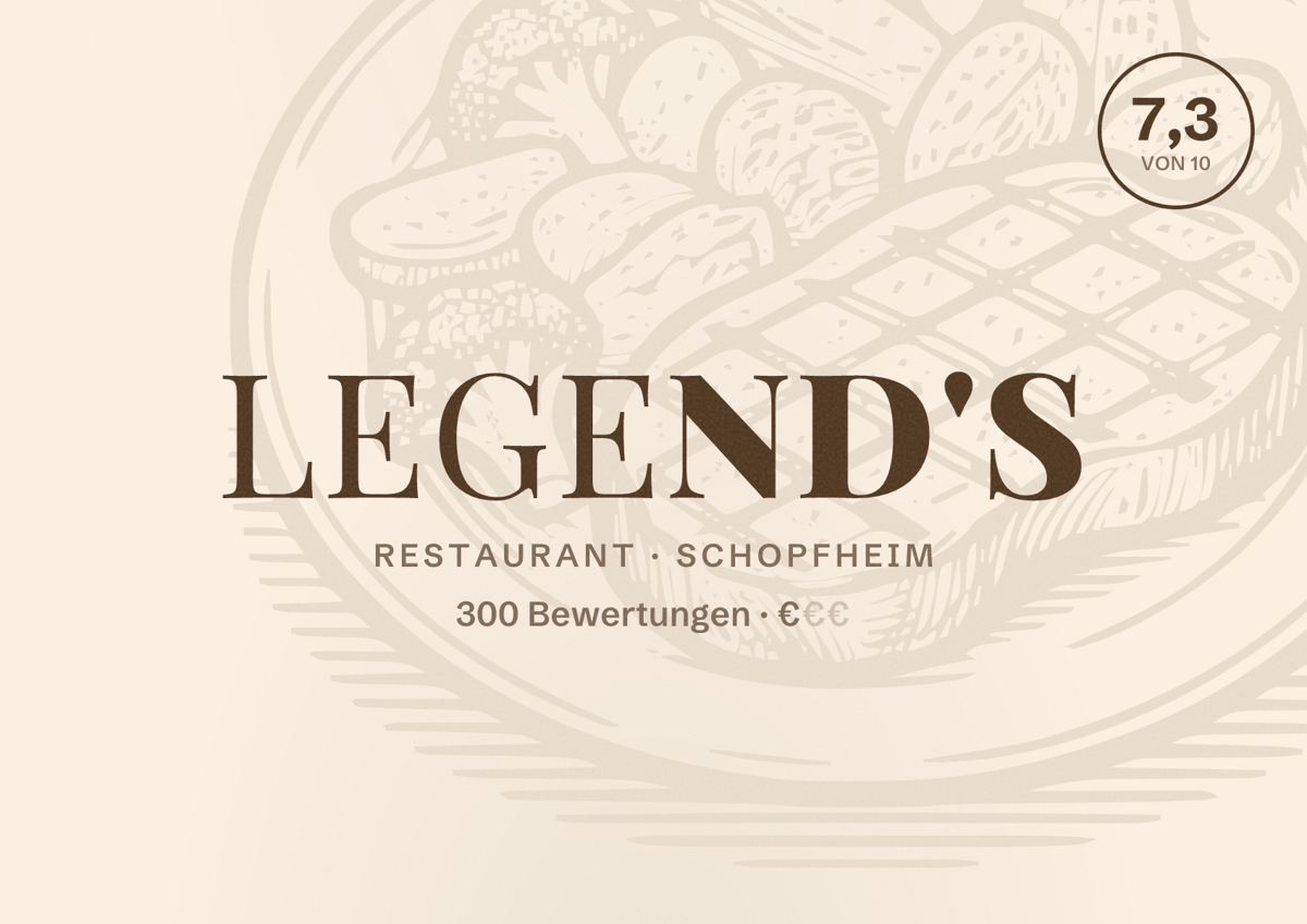Illustriertes Poster von Legend's, Restaurant in Schopfheim: Bewertung 7,3 von 10 aus 300 Bewertungen, Preisniveau €