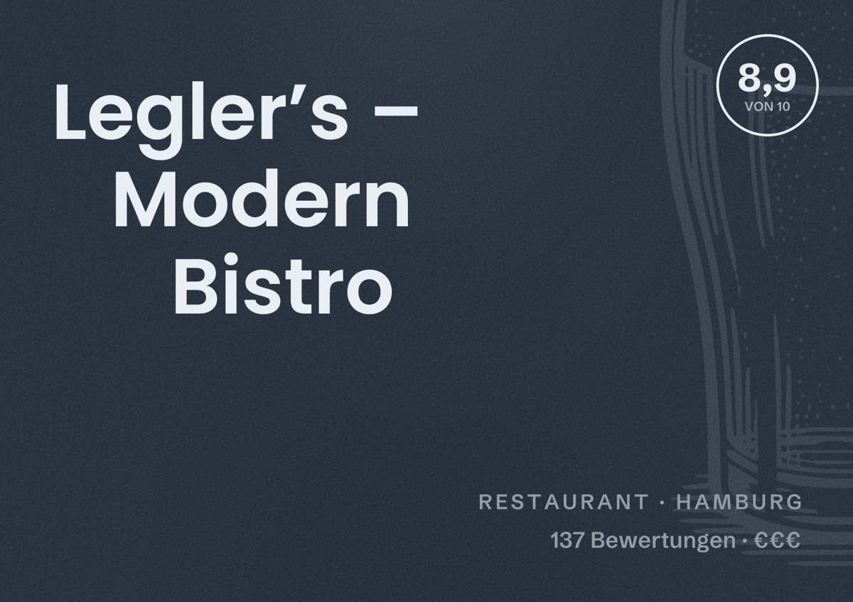 Illustriertes Poster von Legler’s – Modern Bistro, Restaurant in Hamburg: Bewertung 8,9 von 10 aus 137 Bewertungen, Preisniveau €€€