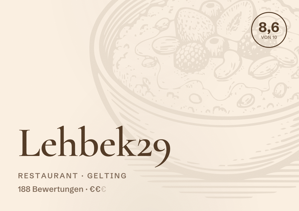 Illustriertes Poster von Lehbek29, Restaurant in Gelting: Bewertung 8,6 von 10 aus 188 Bewertungen, Preisniveau €€