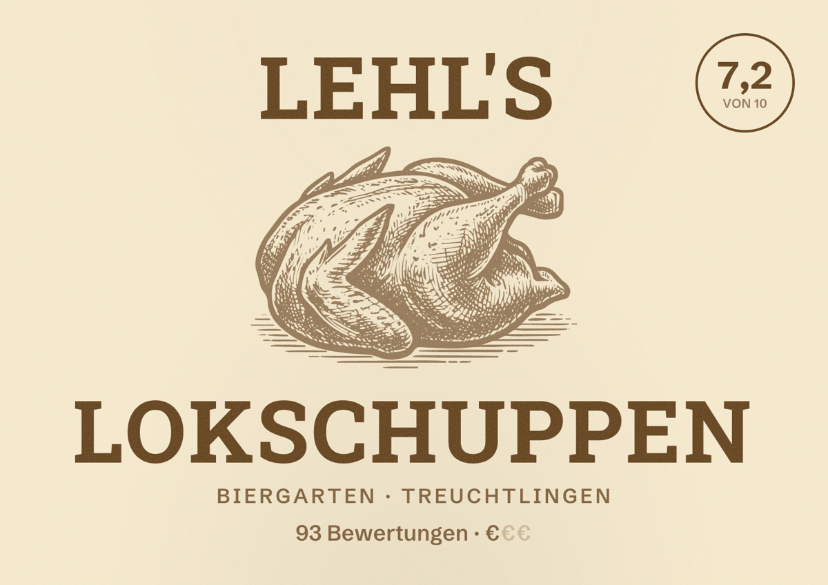 Illustriertes Poster von Lehl's Lokschuppen, Biergarten in Treuchtlingen: Bewertung 7,2 von 10 aus 93 Bewertungen, Preisniveau €