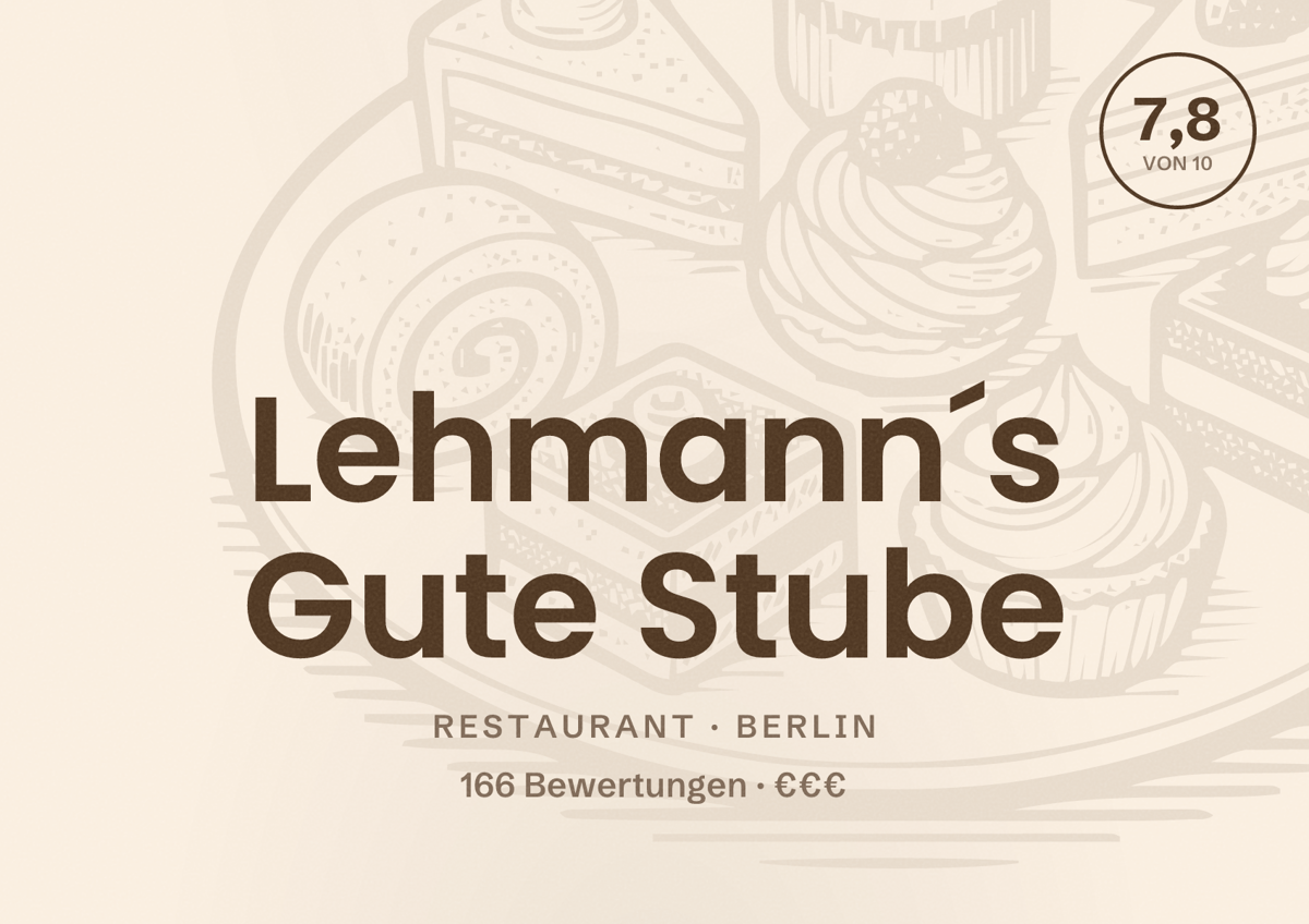 Illustriertes Poster von Lehmann´s Gute Stube, Restaurant in Berlin: Bewertung 7,8 von 10 aus 166 Bewertungen, Preisniveau €€€