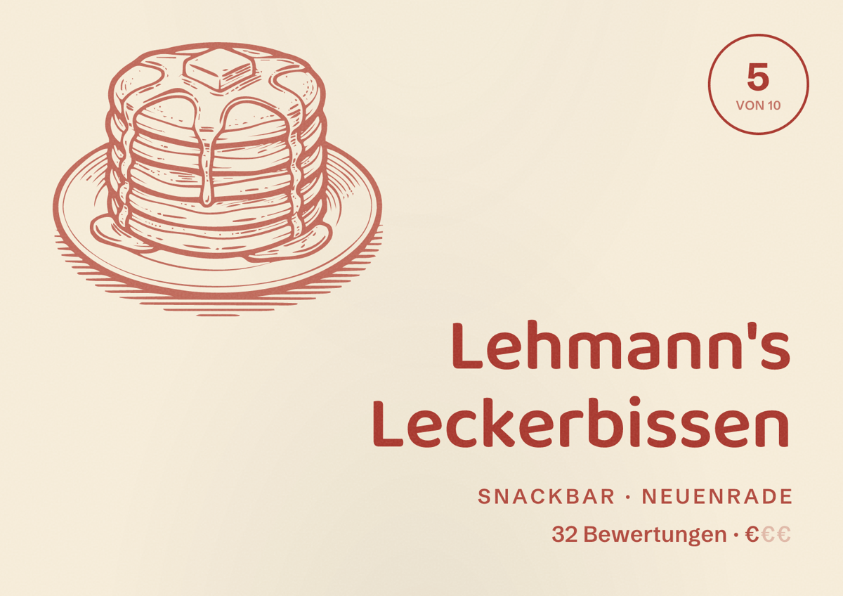 Illustriertes Poster von Lehmann's Leckerbissen, Snackbar in Neuenrade: Bewertung 5 von 10 aus 32 Bewertungen, Preisniveau €