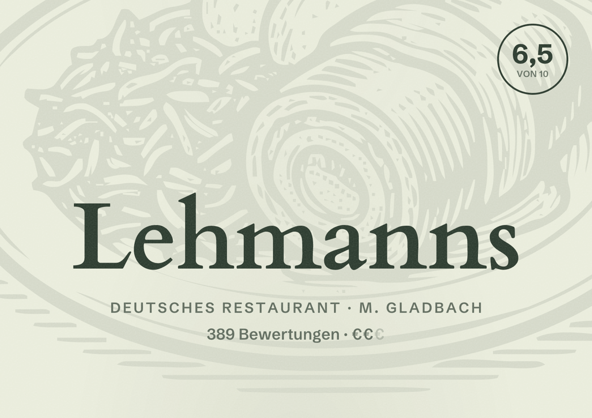 Illustriertes Poster von Lehmanns, Deutsches Restaurant in M. Gladbach: Bewertung 6,5 von 10 aus 389 Bewertungen, Preisniveau €€