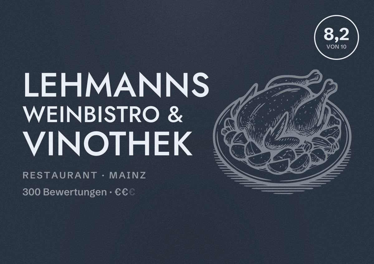 Illustriertes Poster von Lehmanns WeinBistro & Vinothek, Restaurant in Mainz: Bewertung 8,2 von 10 aus 300 Bewertungen, Preisniveau €€