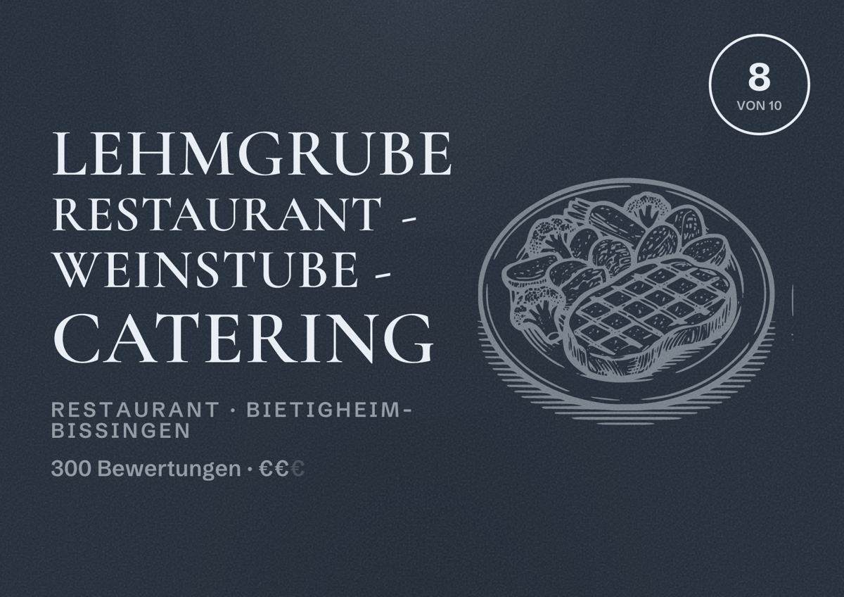 Illustriertes Poster von Lehmgrube Restaurant - Weinstube - Catering, Restaurant in Bietigheim-Bissingen: Bewertung 8 von 10 aus 300 Bewertungen, Preisniveau €€