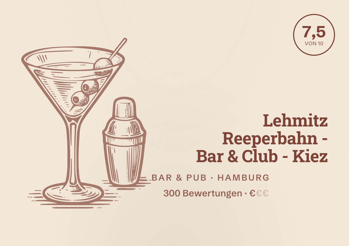 Illustriertes Poster von Lehmitz Reeperbahn - Bar & Club - Kiez, Bar & Pub in Hamburg: Bewertung 7,5 von 10 aus 300 Bewertungen, Preisniveau €
